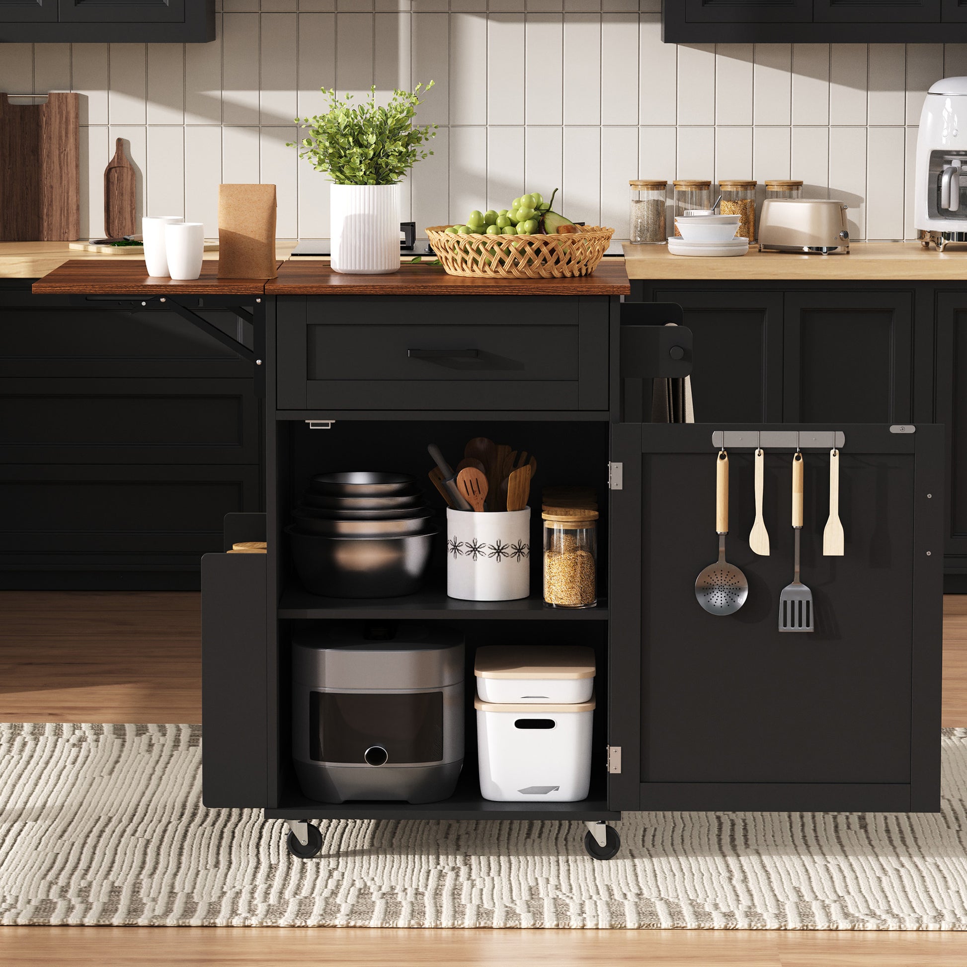 K&k 39.3' Farmhouse Kitchen Island with Drop Leaf - Black - detail view 4
