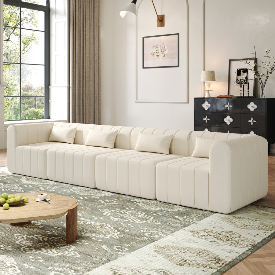 145.5 Inch Modular Full-Compressed Sectional Sofa, Beige Polyester Upholstered Modular Sofa with 4 Pieces, Compressed Sponge Modular Couch for Living Room - primary color shot