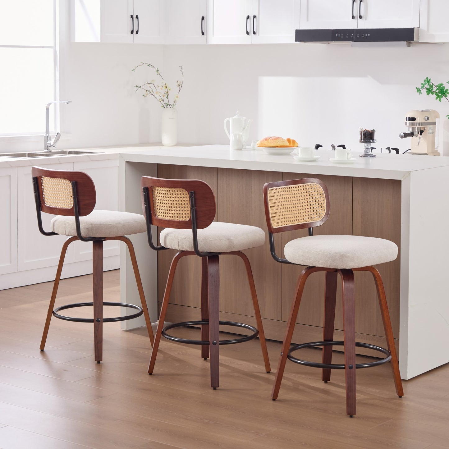 Beige Linen Counter Height Stool with Black Legs (Set of 3)