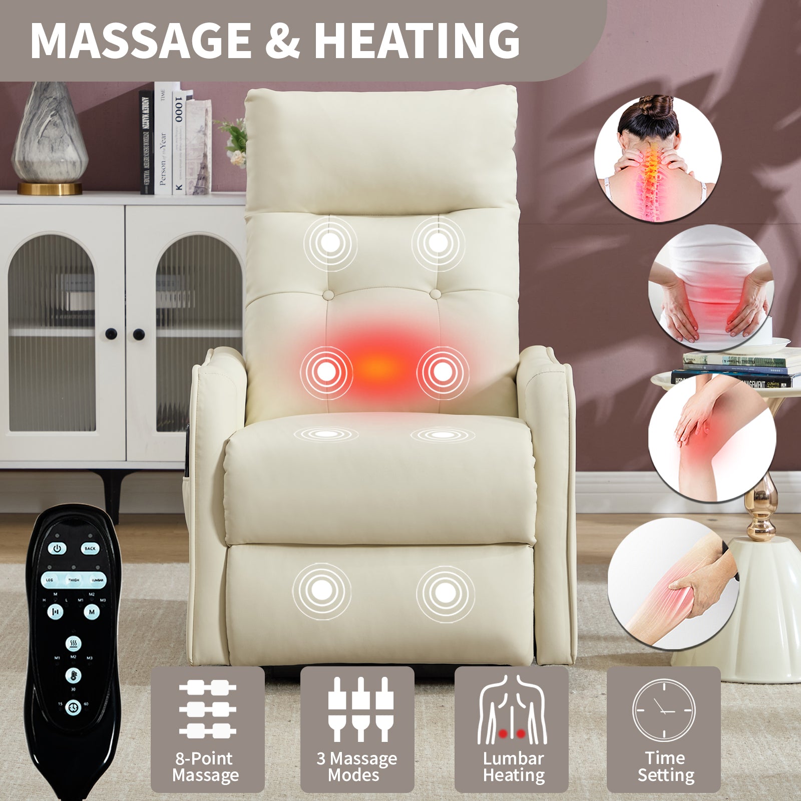 Beige PU Single Motor Power Lift Recliner Chair with Massage and Heat for Elderly - detail view 6