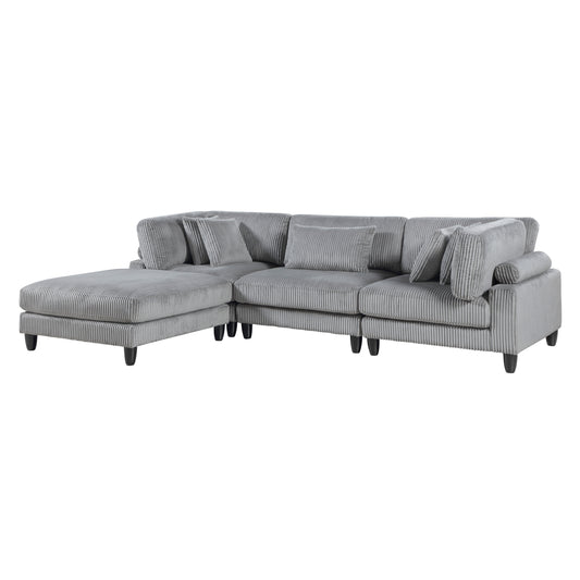 Living Room Furniture 4-Piece Modular Sectional Sofa Set Gray Corduroy Soft Cushion Pillows Solid Wood Legs - detail view 2