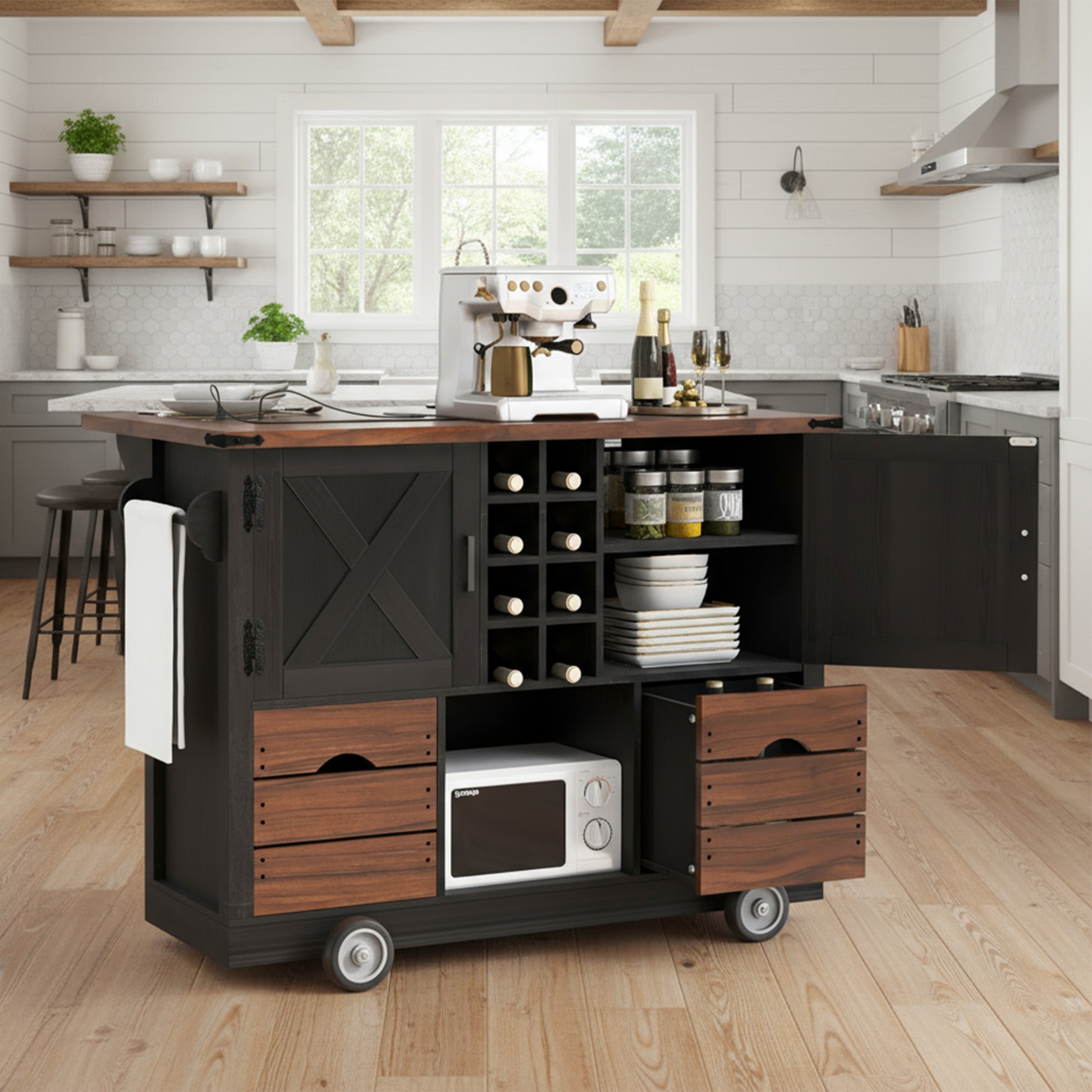 K&k 54' Farmhouse Kitchen Island with Drop Leaf - Black - primary color shot