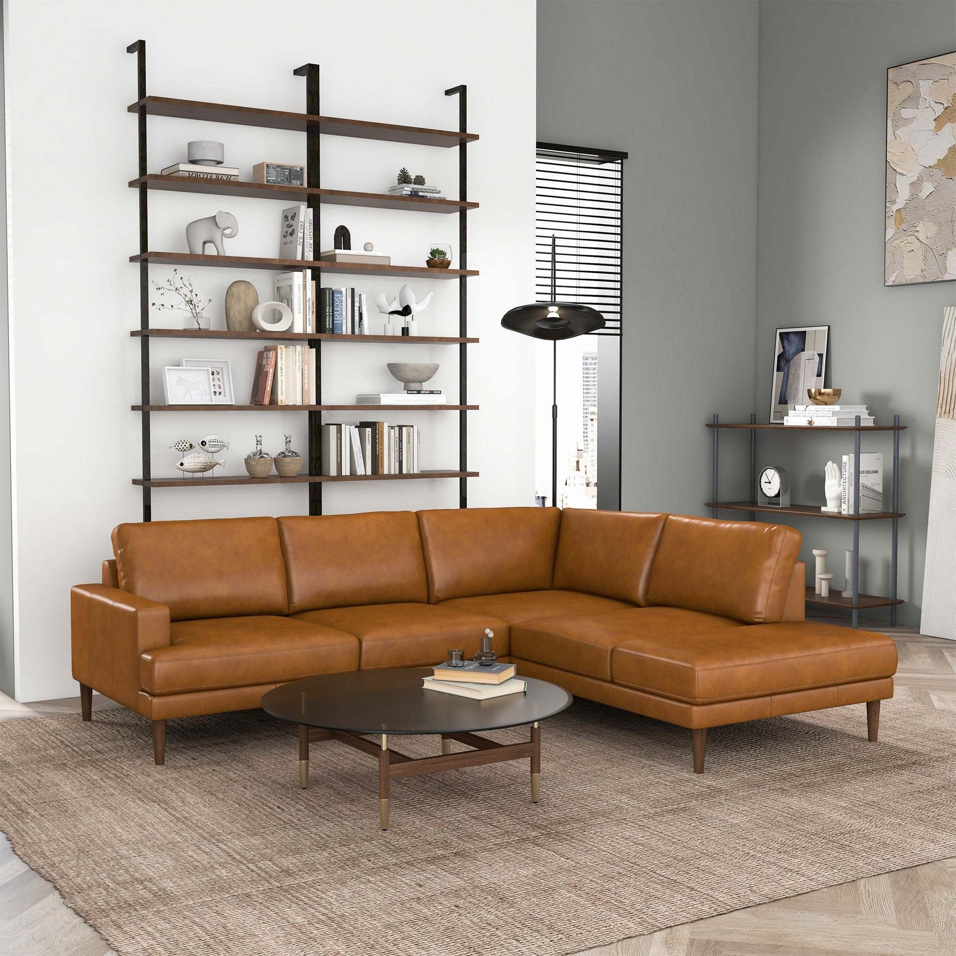 Corbin Right-Facing Tan Leather Sectional Sofa - detail view 2