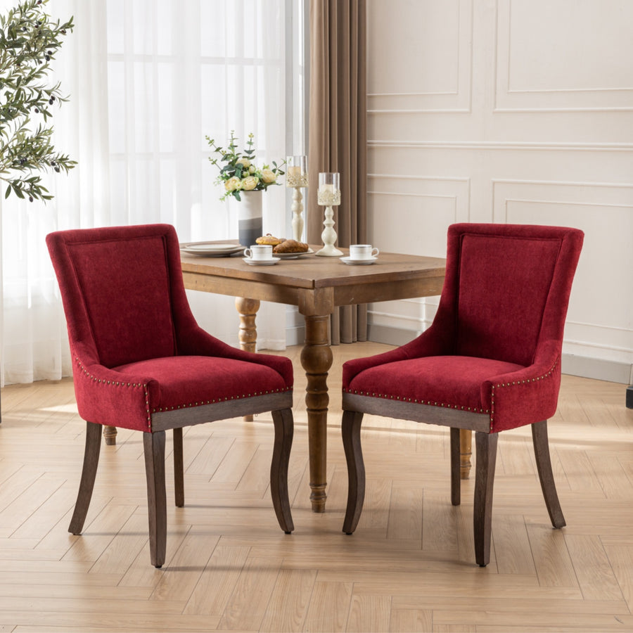 Burgundy Fabric Dining Chairs with Wood Legs (Set of 2)