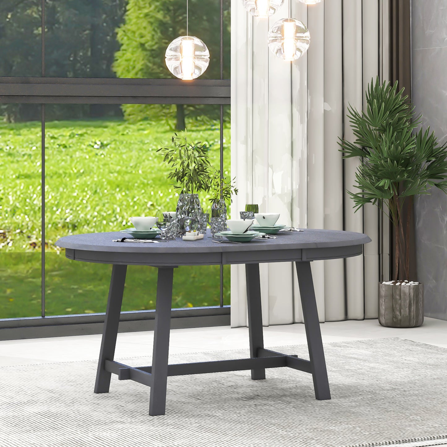 TREXM Wood Dining Table Round Extendable Dining Table for Dining Room (gray) - detail view 2