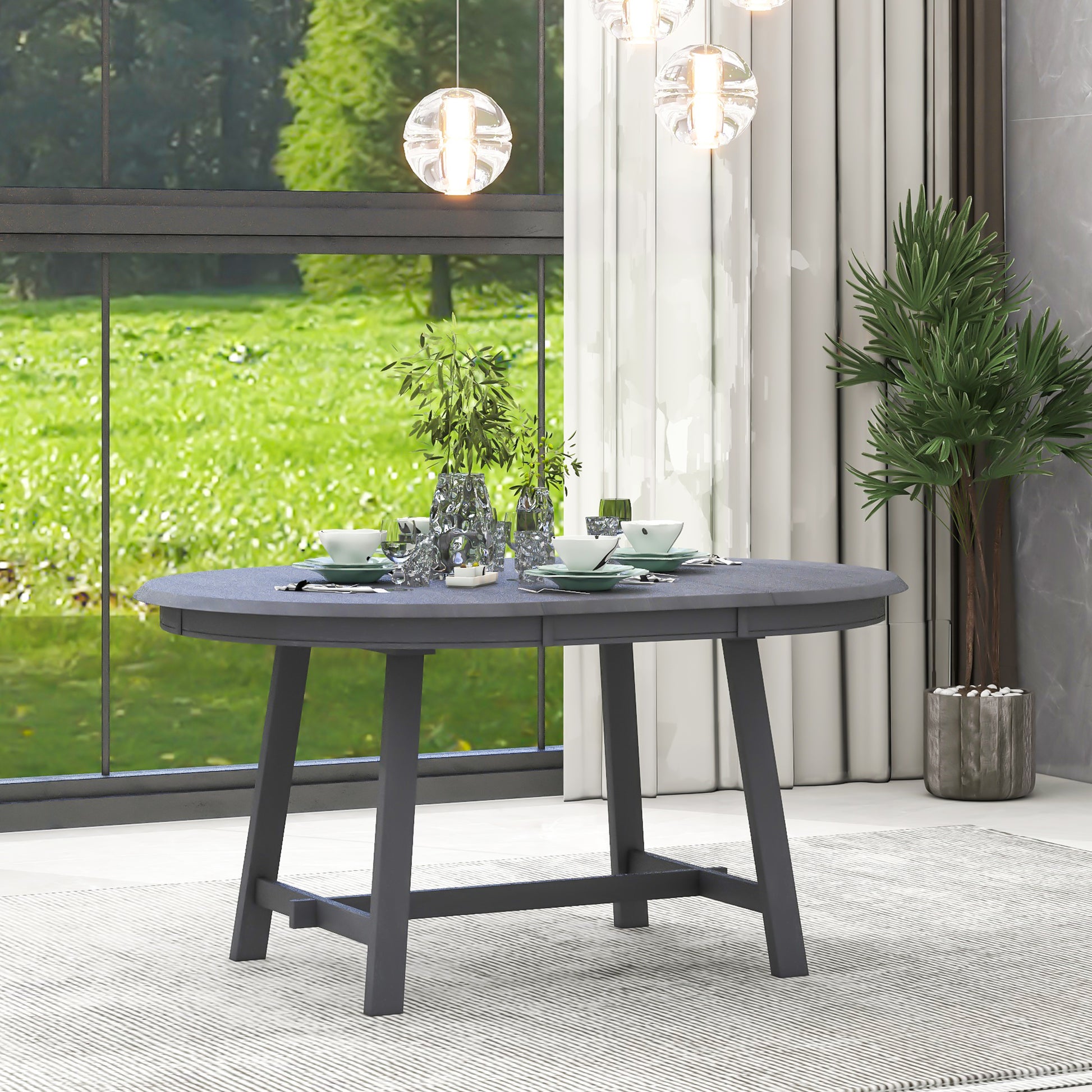 TREXM Wood Dining Table Round Extendable Dining Table for Dining Room (gray) - detail view 2
