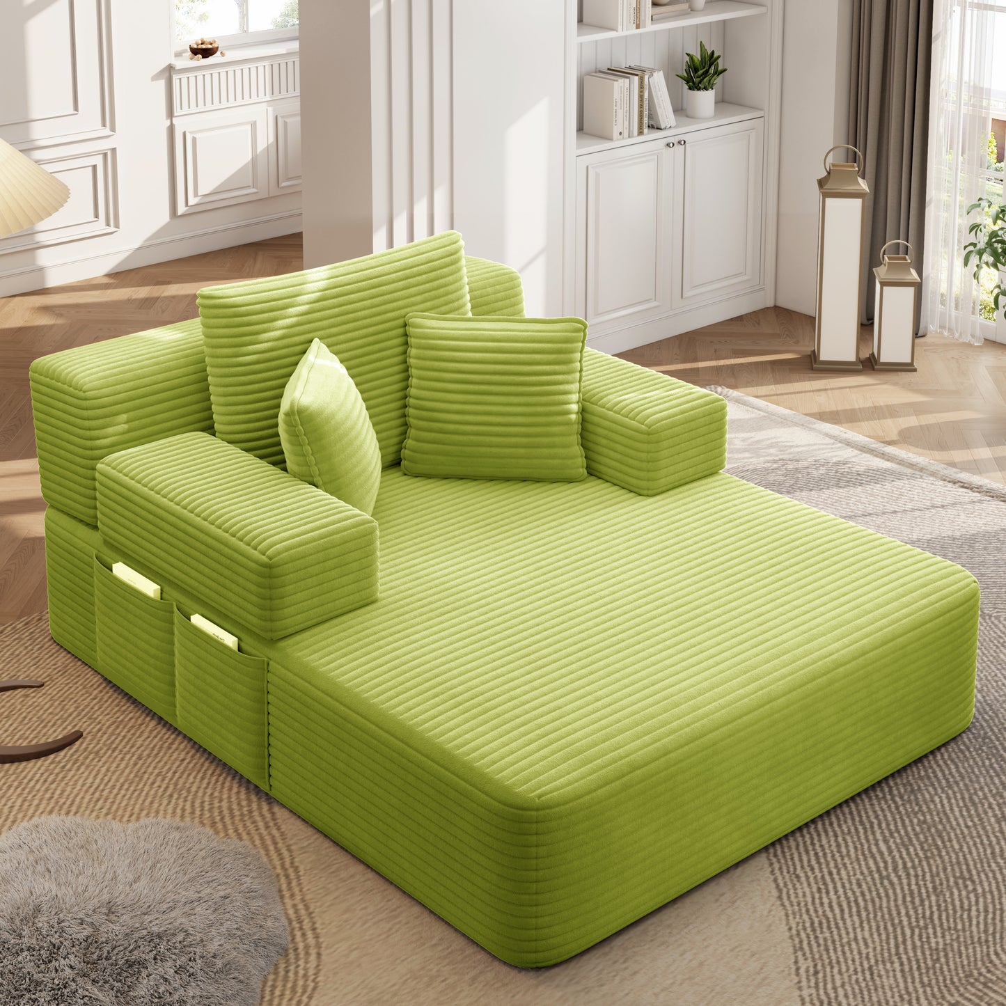 Luxurious Plush Corduroy Chaise Lounge with 3 Pillows - Green - detail view 7