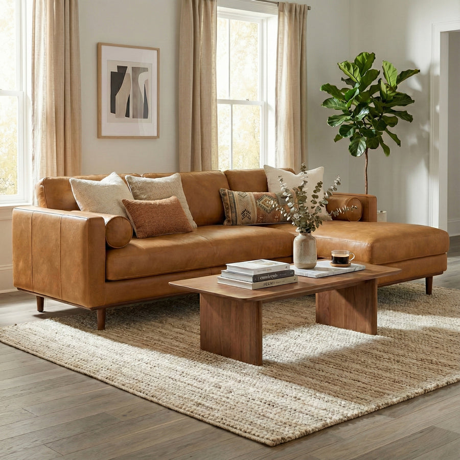 Morrison Right-Sectional Sofa in Sienna Leather, Mid-Century Modern Design, 4-Person Seating, Light Brown, 102-Inch Width - primary image