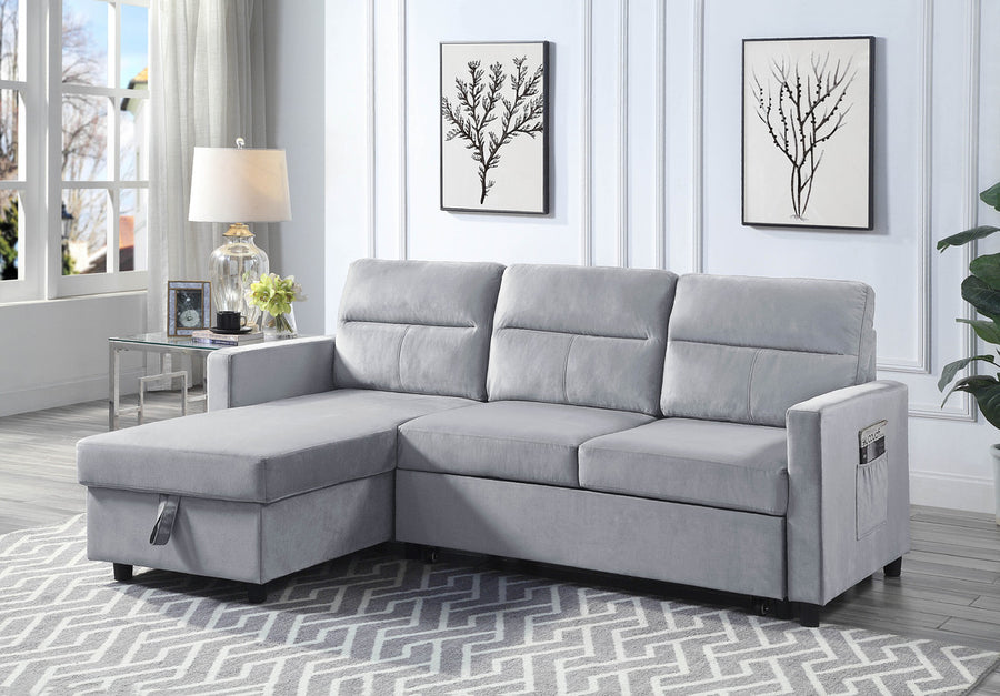 Ruby 81.5' Light Gray Velvet Reversible Sleeper Sectional Sofa with Storage Chaise and Side Pocket - primary color shot