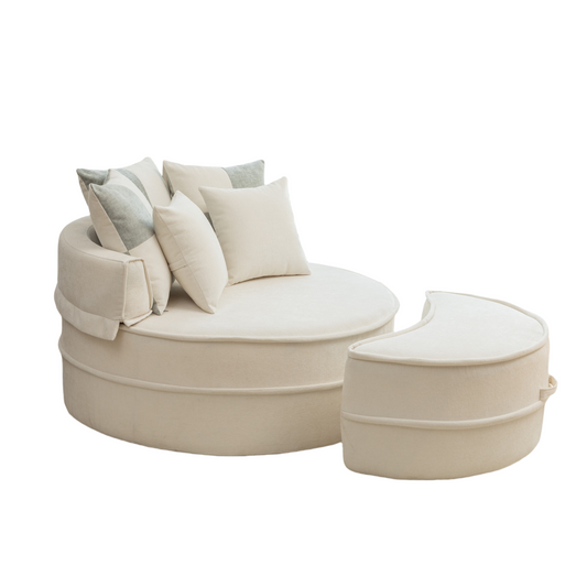 Beige Chaise Lounge with Footstool and 5 Pillows