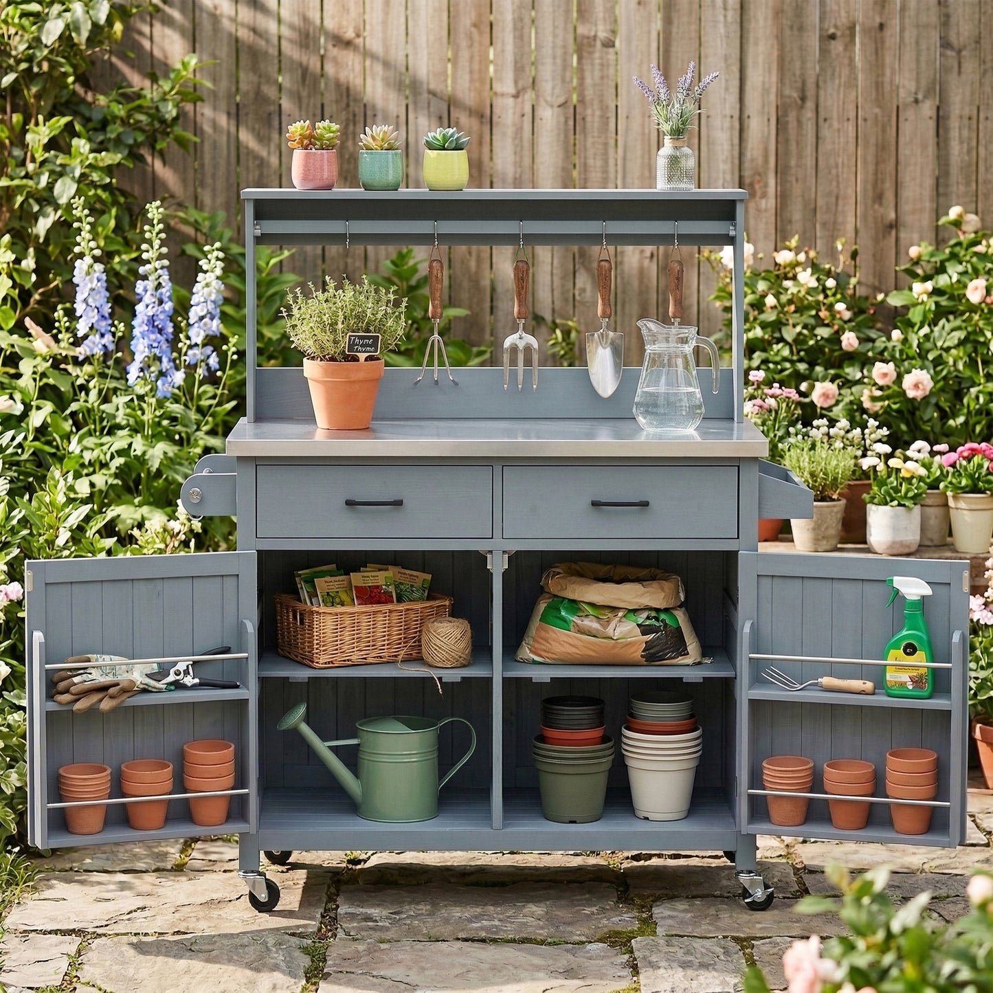 K&k 54.1' Outdoor Kitchen Island with High Shelf - Grey & Blue - detail view 3