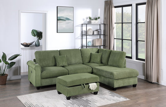 Gorgeous Sage Color 3pc Sectional Set Corduroy Upholstered LAF Sofa RAF Chaise Ottoman L-Sectional Living Room Furniture - primary color shot