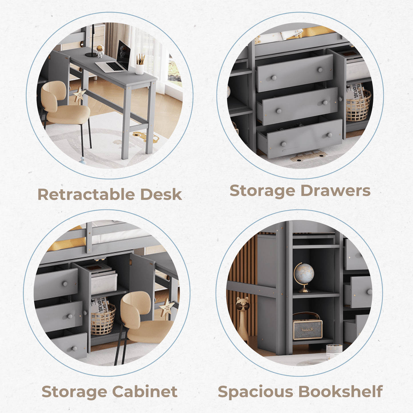 Mariner Twin Size Low Loft Bed With Pull-Out Desk, Drawers, Cabinet, and Shelves
