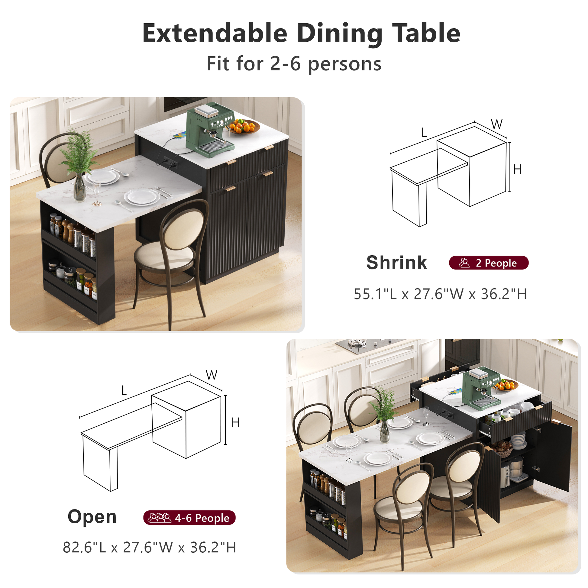 K&k 82.6' Fluted Kitchen Island with Extendable Dining Table for 4-6 - Black - detail view 6
