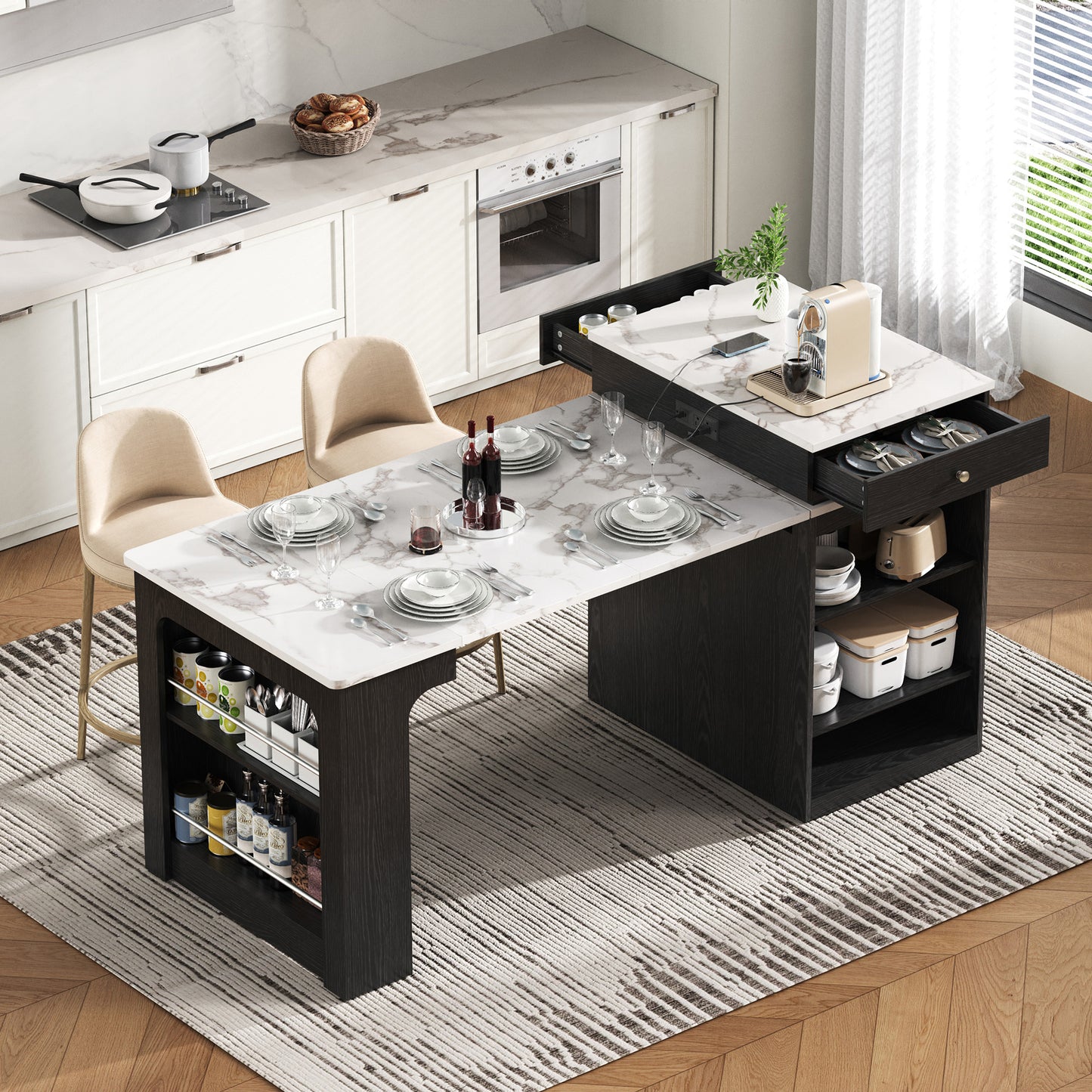 K&k 59.5' Kitchen Island with Extendable Dining Table - Black - detail view 4