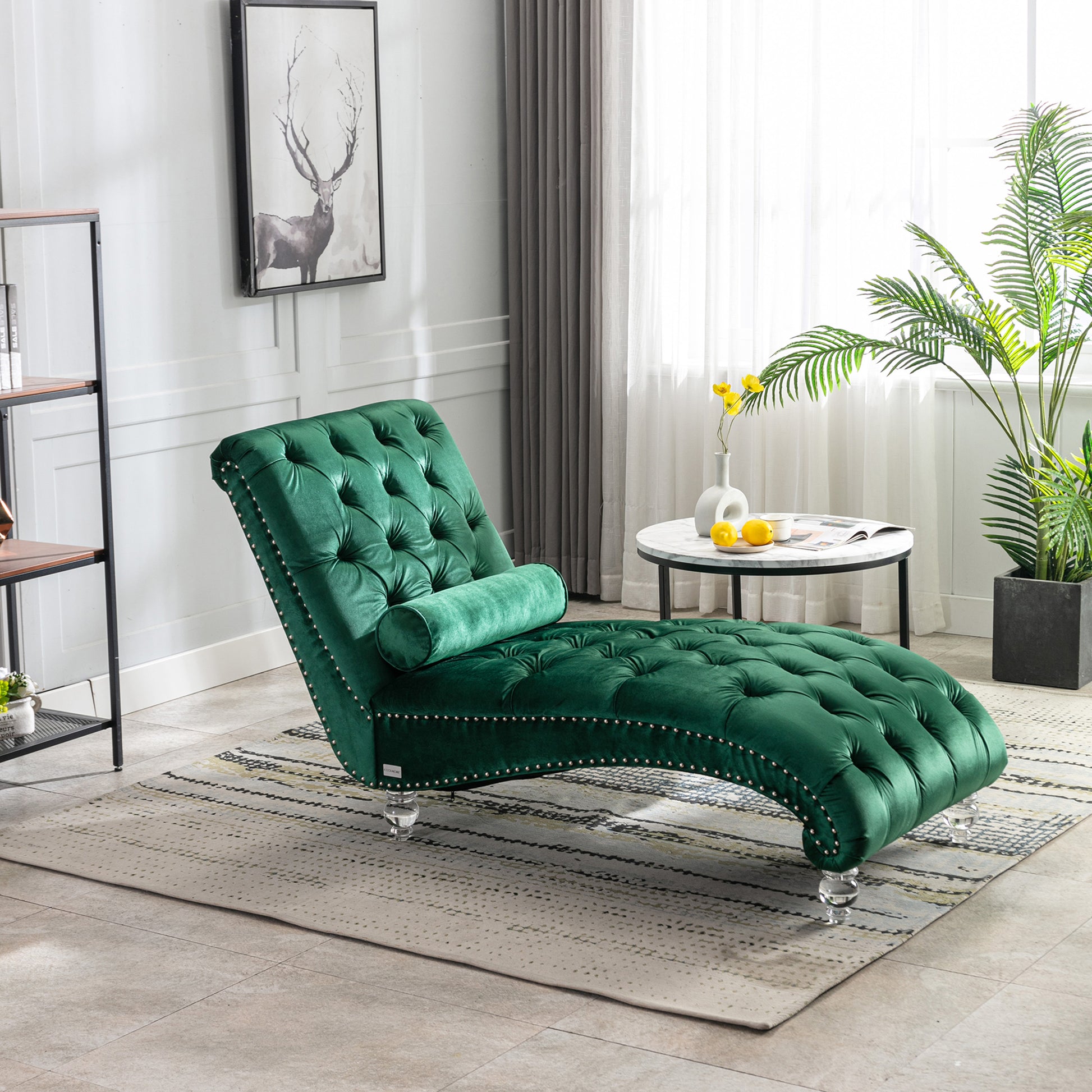 Emerald Velvet Tufted Chaise Lounge with Wood Legs - detail view 7