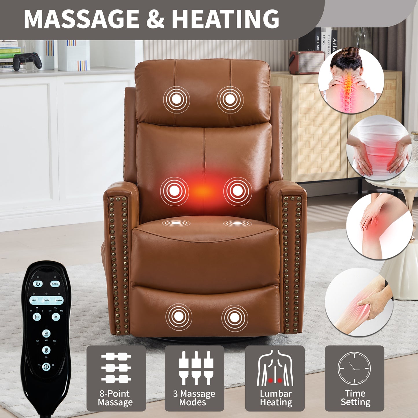 Deep Yellow Genuine Leather Heat Massage Manual Recliner Chair with Rocker and Swivel - detail view 8