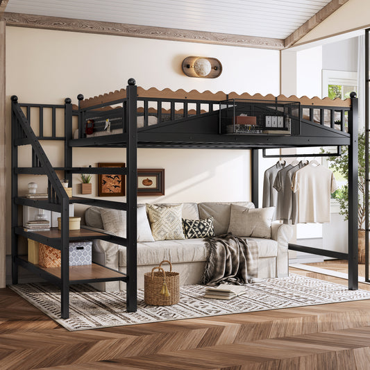 Queen Size Loft Bed with Storage Stairs - Black - primary color shot