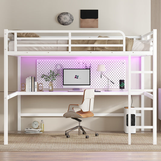 Metal Queen Size Loft Bed with Power Outlet and LED Lighted - Off White - primary color shot