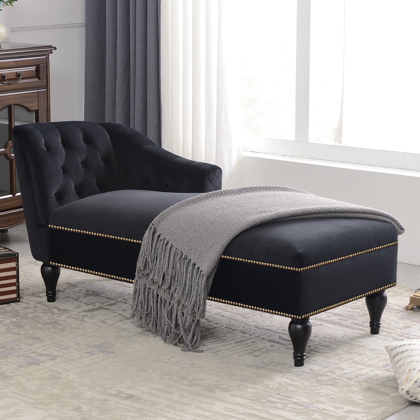 [new+video] 58"velvet Chaise Lounge - Black - primary color shot