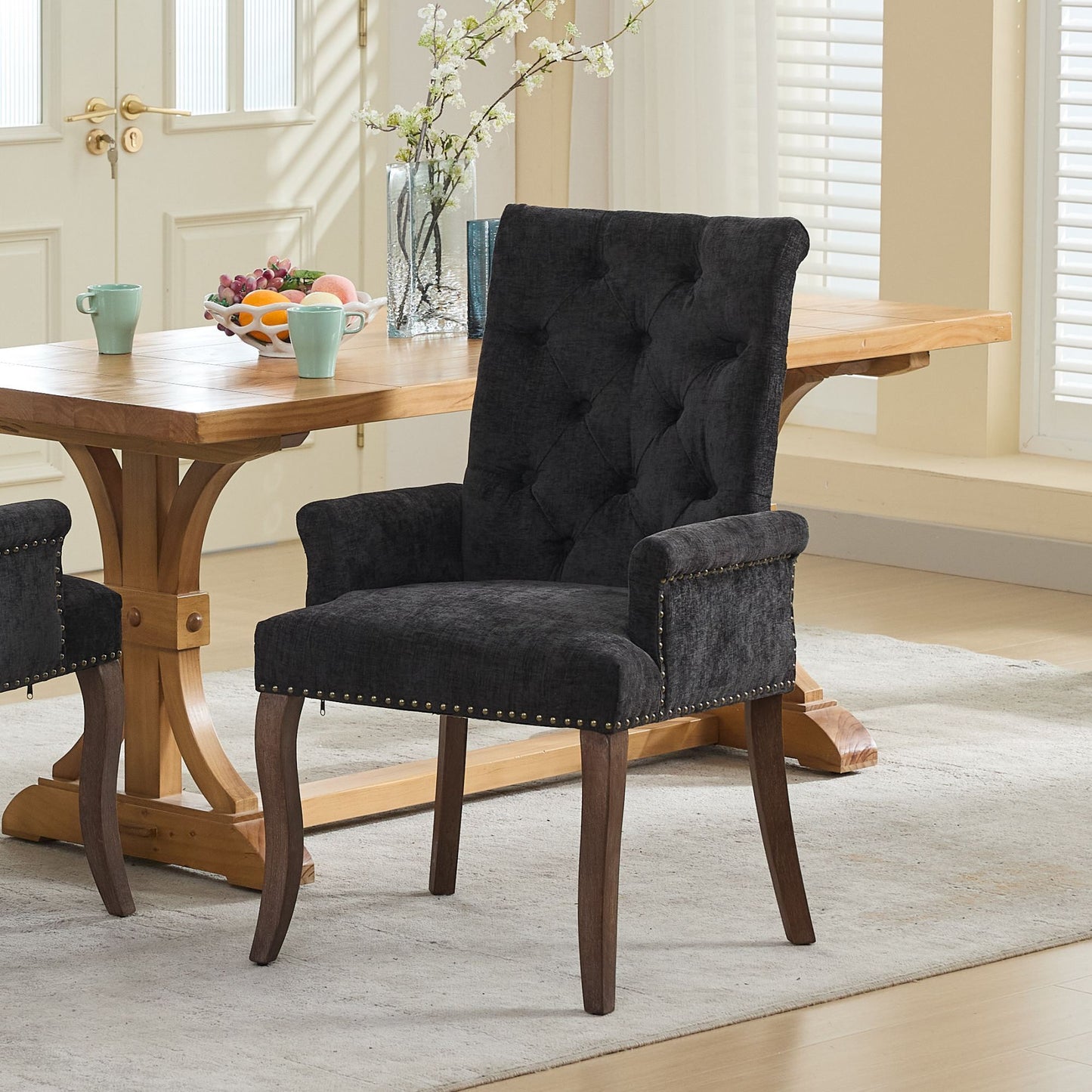 Black Chenille Tufted Dining Chair with Black Legs (1)