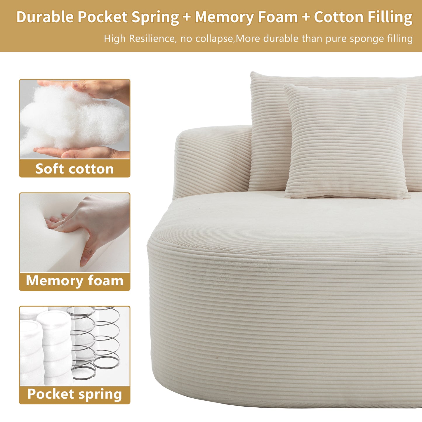 White Oversized Corduroy Chaise Lounge Sofa Bed with Deep Seat & Soft Pillows - Beige - detail view 6