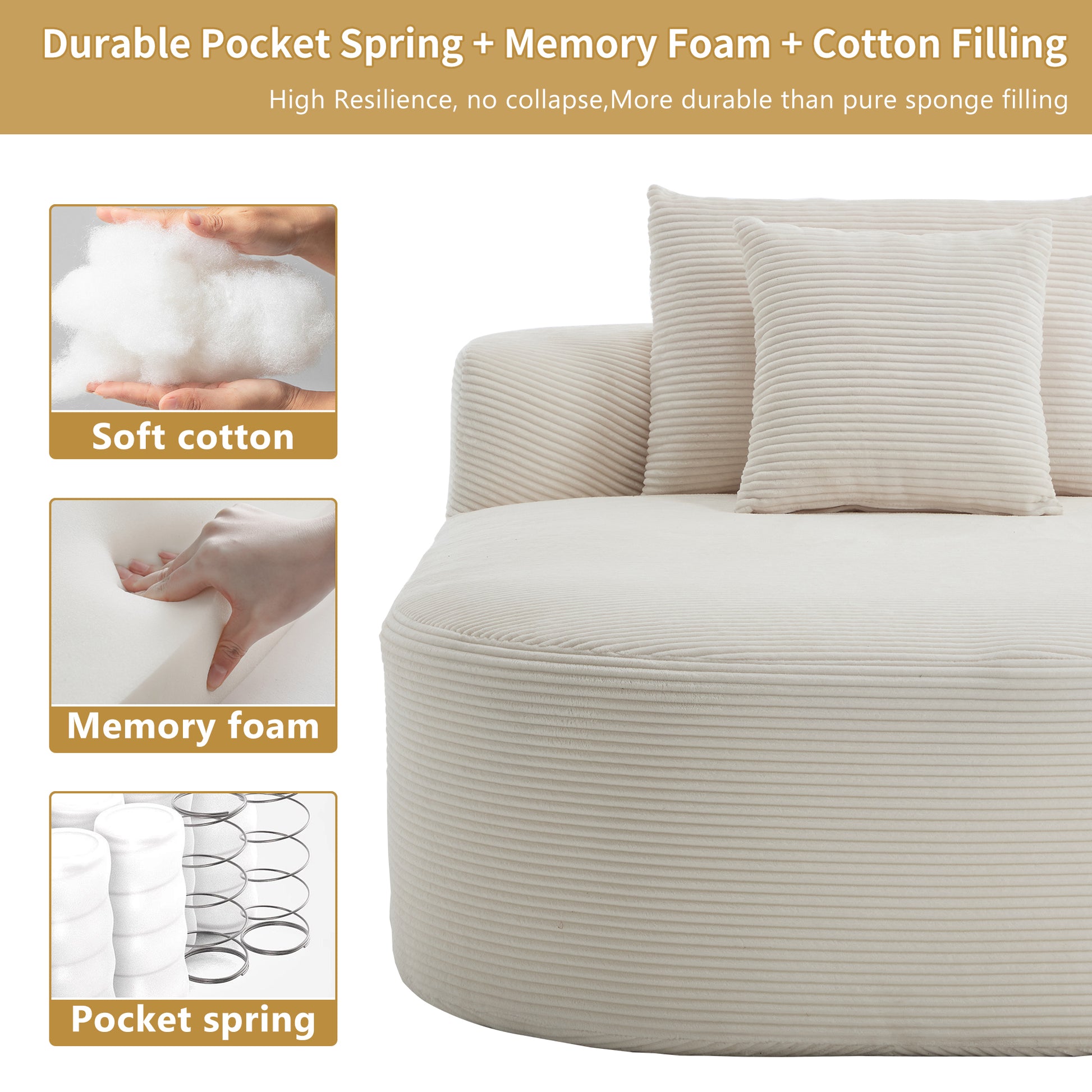 White Oversized Corduroy Chaise Lounge Sofa Bed with Deep Seat & Soft Pillows - Beige - detail view 6