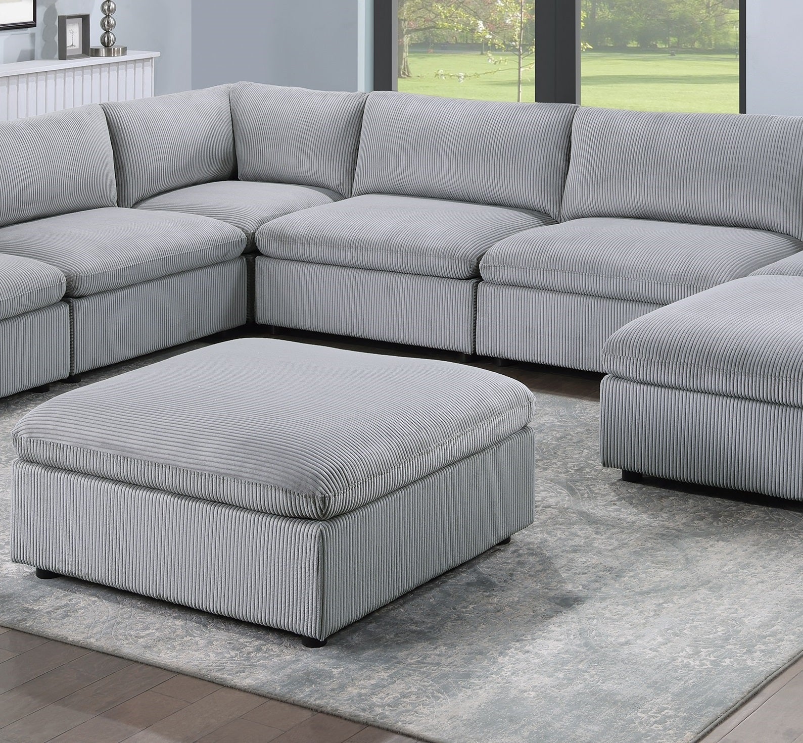 Dark Gray Color 8pc Modular Sectional Set Corduroy Upholstery Couch 3x Corner wedge 3x Armless Chairs 2x Ottomans Living Room Furniture - detail view 4