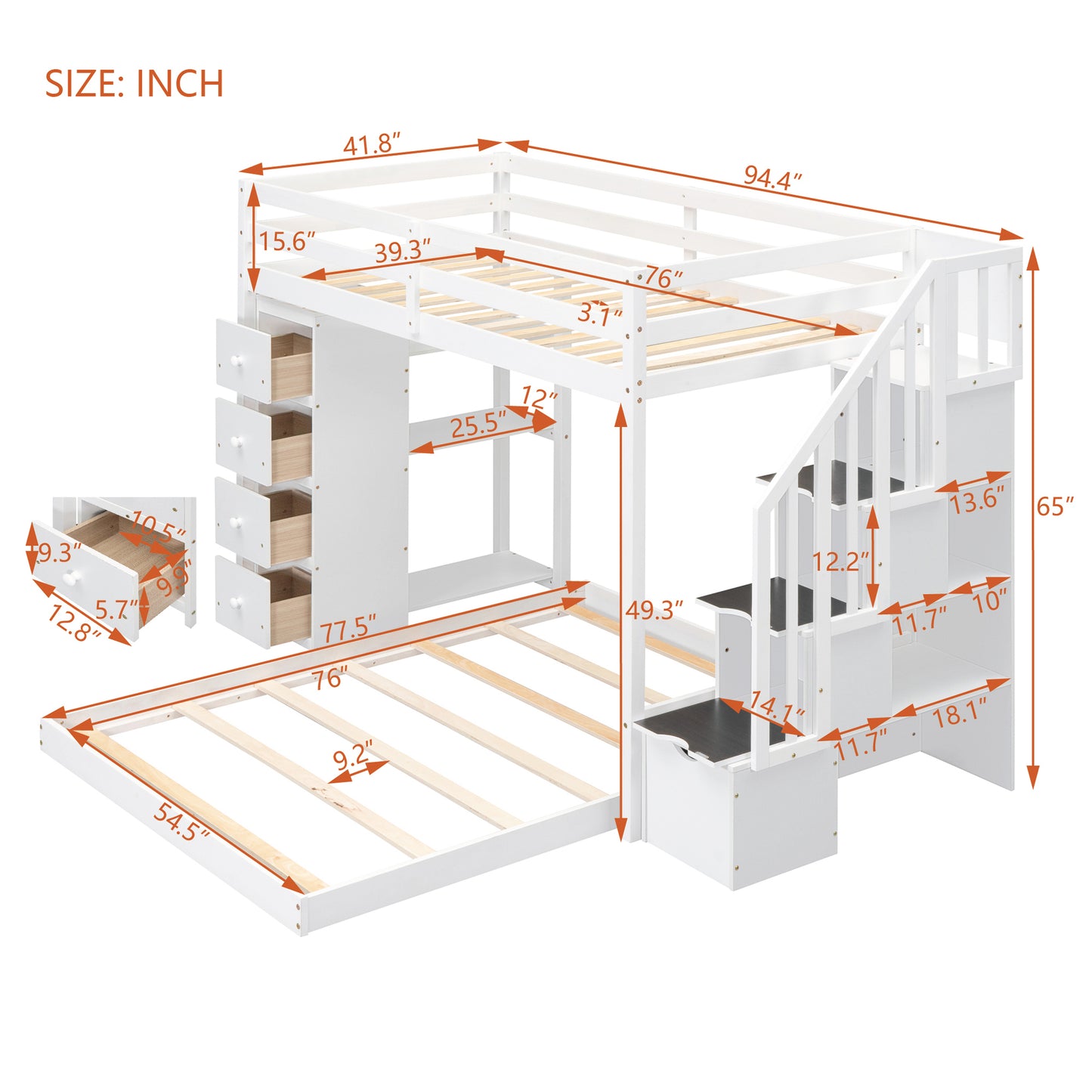 Twin over Full Bunk Bed with 3-Layer Shelves - White - detail view 6