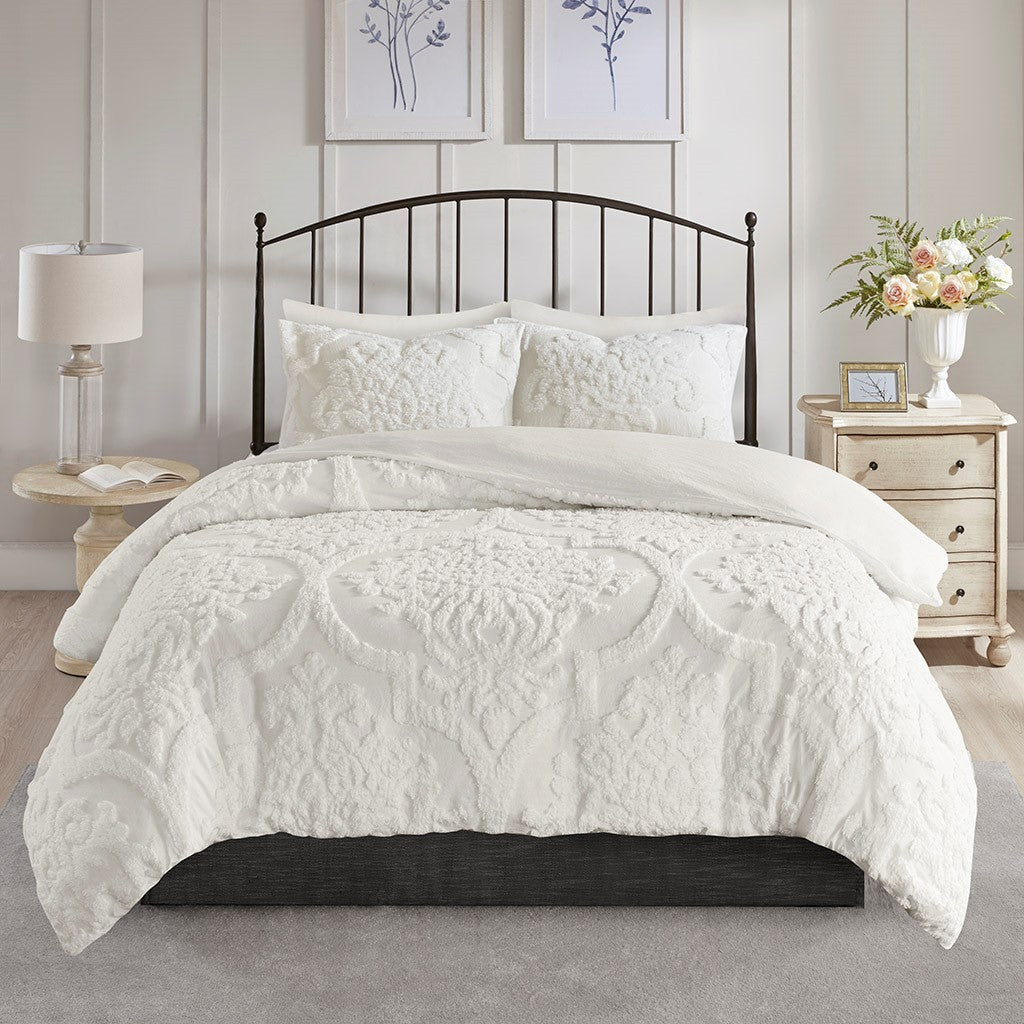 3 Piece Tufted Cotton Chenille Damask Duvet Cover Set