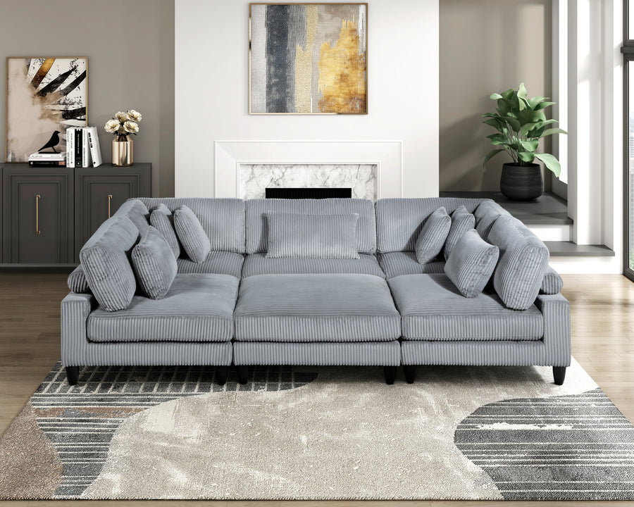 6pc Modular Sectional Set Gray Corduroy Upholstery 3x Armless Chairs 2x Corner Seats 1x Ottoman Pillows Living Room Furniture - primary color shot