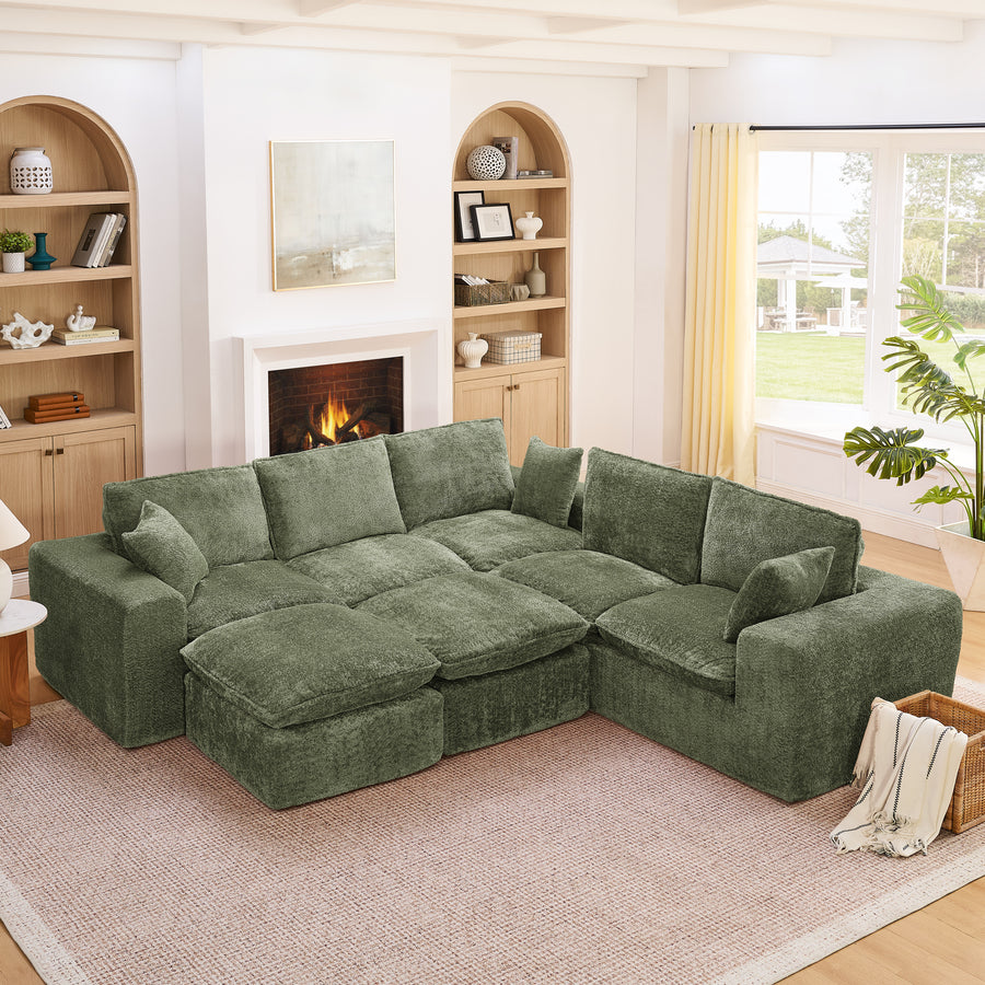 Modern Green Boucle L-Shaped Sectional Sofa with Two Moveable Ottomans, Cloud-Like Comfort Couch with Pillows, DIY Modular Design - detail view 2
