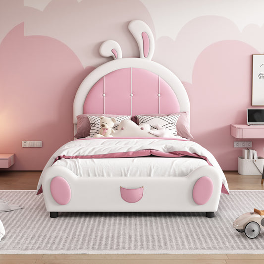 Allison Twin Size Upholstered Platform Bed with Rabbit Shaped Headboard, White & Pink