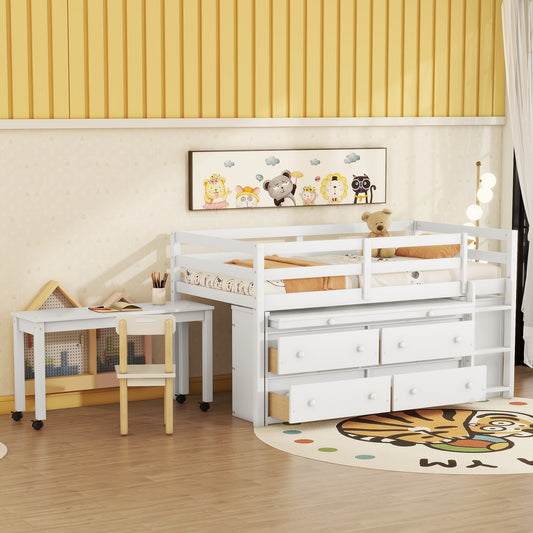 Twin Size Loft Bed with Retractable Writing Desk and 4 Drawers - White - primary color shot