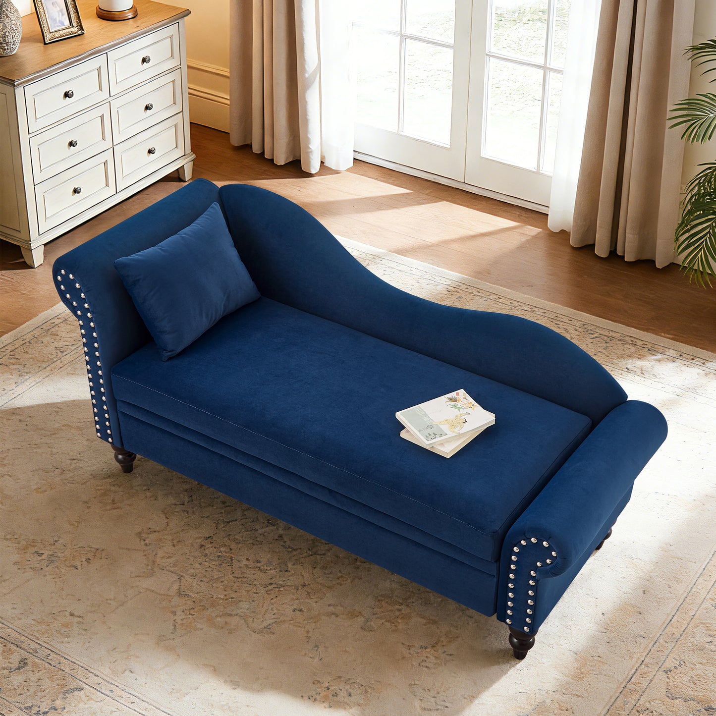 64" Modern Velvet Chaise Lounge - Navy & Blue - detail view 3