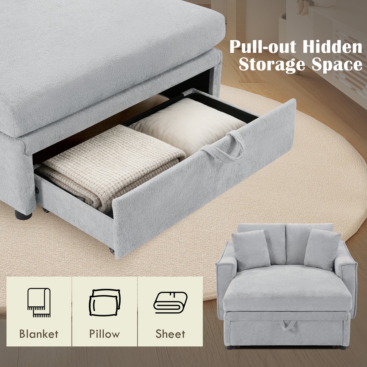 Modern Chaise Sofa 53.5' Grey Snowflake Velvet Sofa Bed with Hidden Storage & Pillows - detail view 6