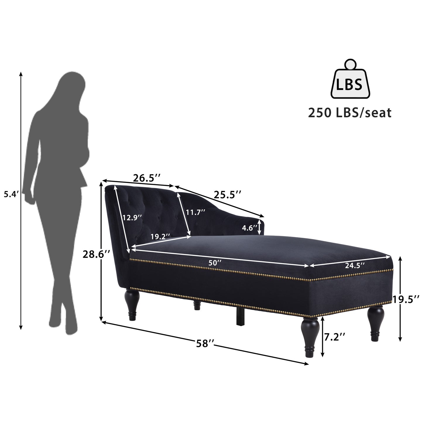 [new+video] 58"velvet Chaise Lounge - Black - detail view 2