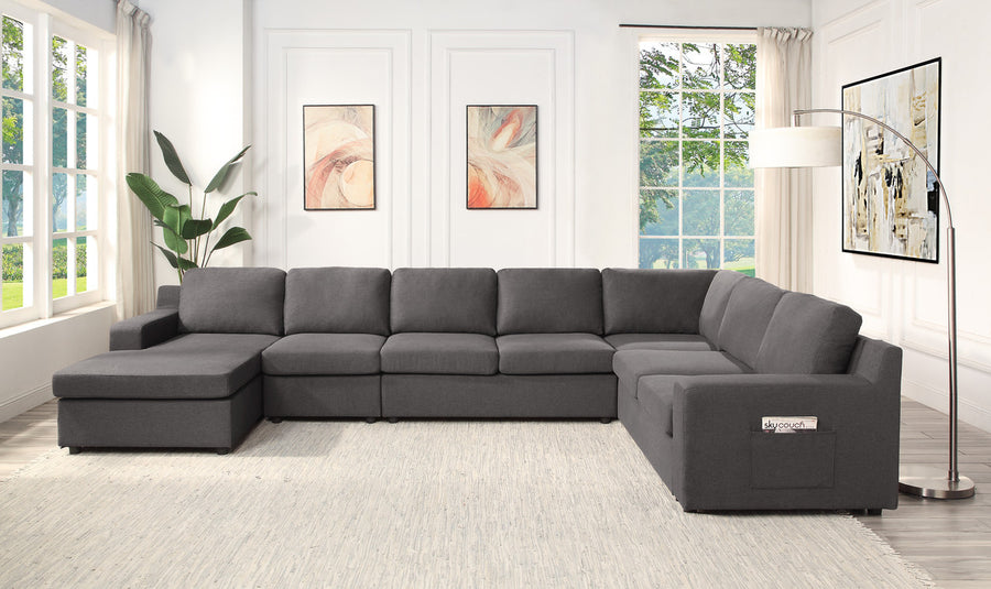 Waylon 145.5' Gray Linen 7-Seater U-Shape Sectional Sofa Chaise with Pocket - primary color shot