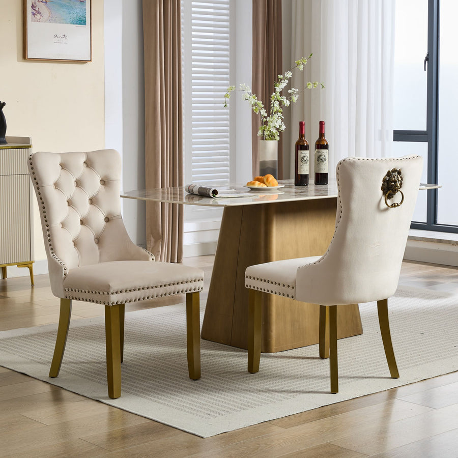 Beige Velvet Tufted Nailhead Trim Dining Chairs with Gold Legs (Set of 2)
