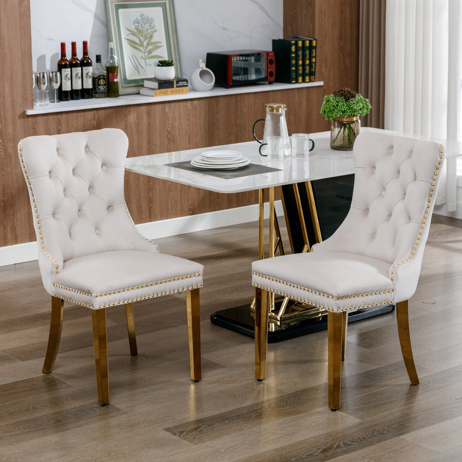 Beige Velvet Tufted Nailhead Trim Dining Chairs with Brushed Silver Legs (Set of 2)