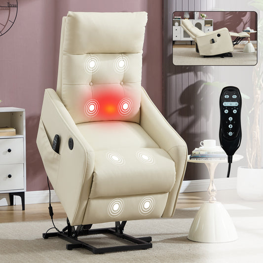 Beige PU Single Motor Power Lift Recliner Chair with Massage and Heat for Elderly - primary color shot