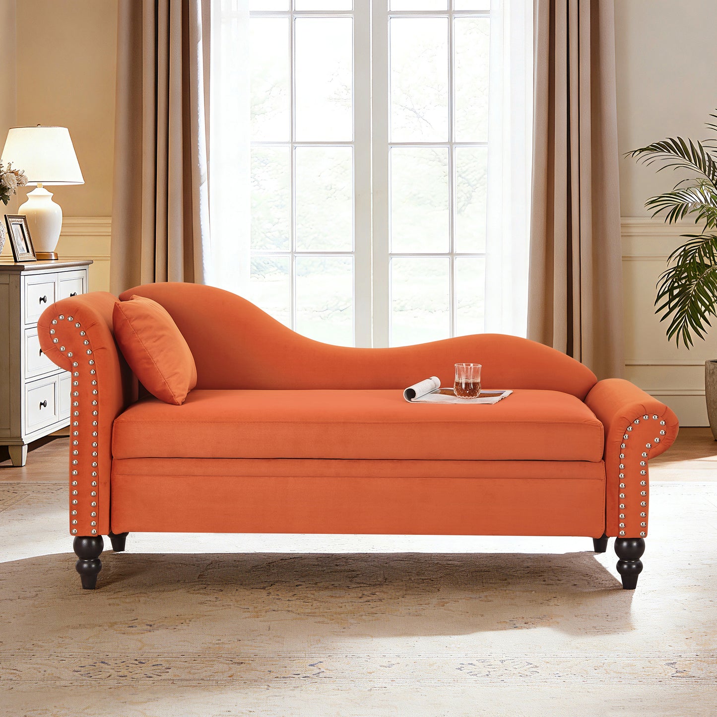 64" Modern Velvet Chaise Lounge - Orange - detail view 2