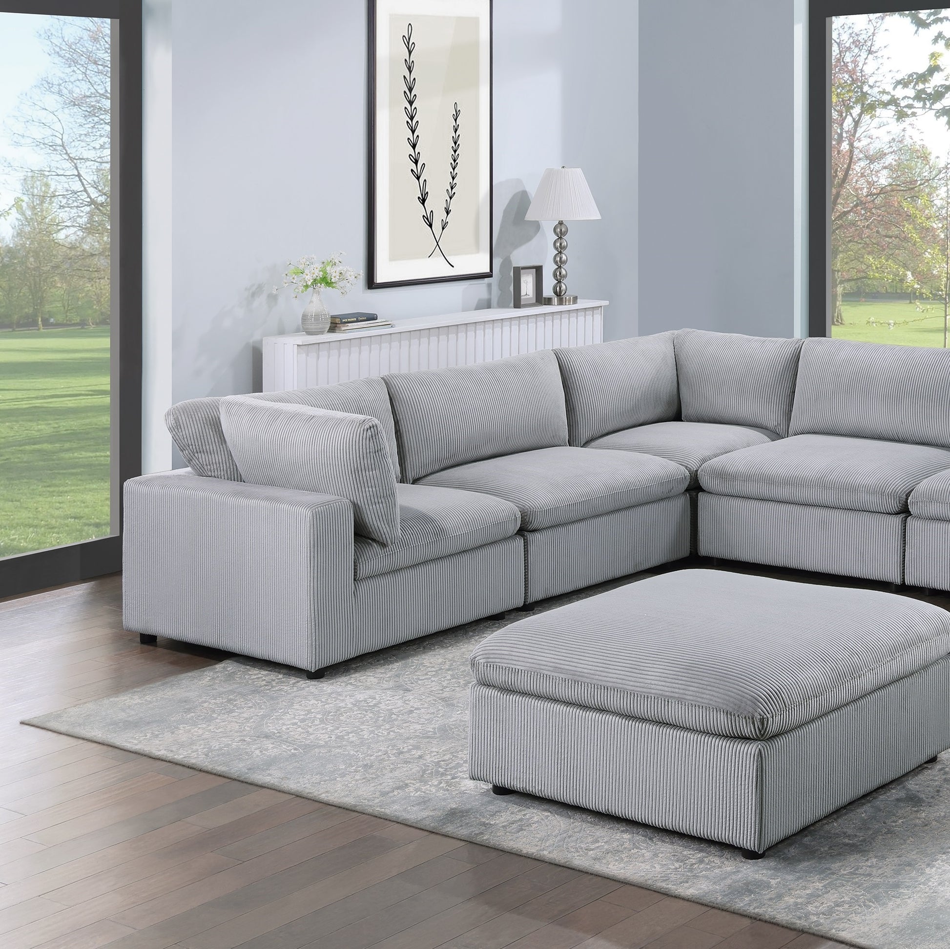 Dark Gray Color 8pc Modular Sectional Set Corduroy Upholstery Couch 3x Corner wedge 3x Armless Chairs 2x Ottomans Living Room Furniture - detail view 3