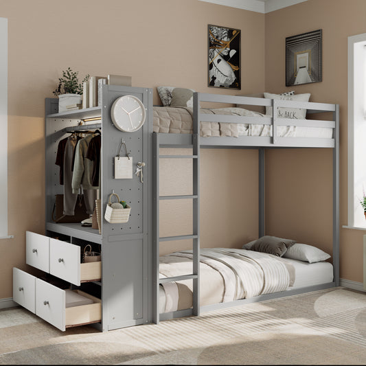 Twin Size Bunk Bed with 4 Storage Drawers - Gray - primary color shot