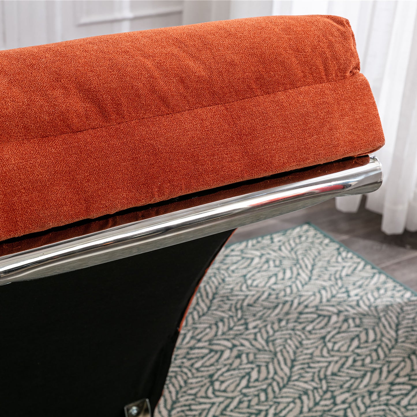 Orange Linen Chaise Lounge with Silver Legs - detail view 8