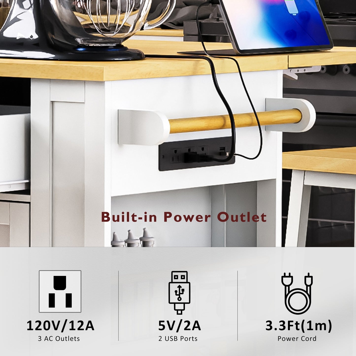 48" Kitchen Island with 2 Bar Stools - White - detail view 7