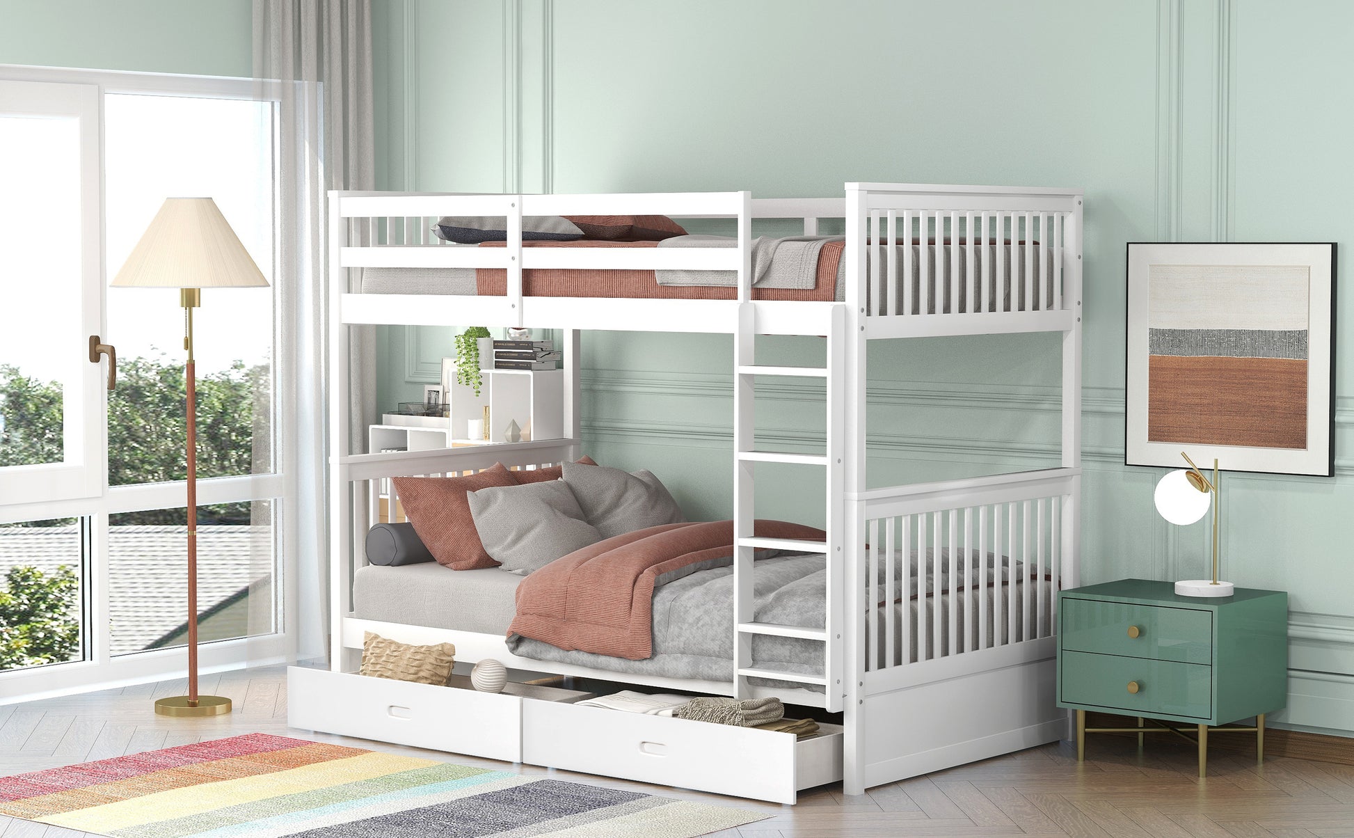 Larkspur Twin-Over-Twin Bunk Bed with Ladders and Two Storage Drawers White