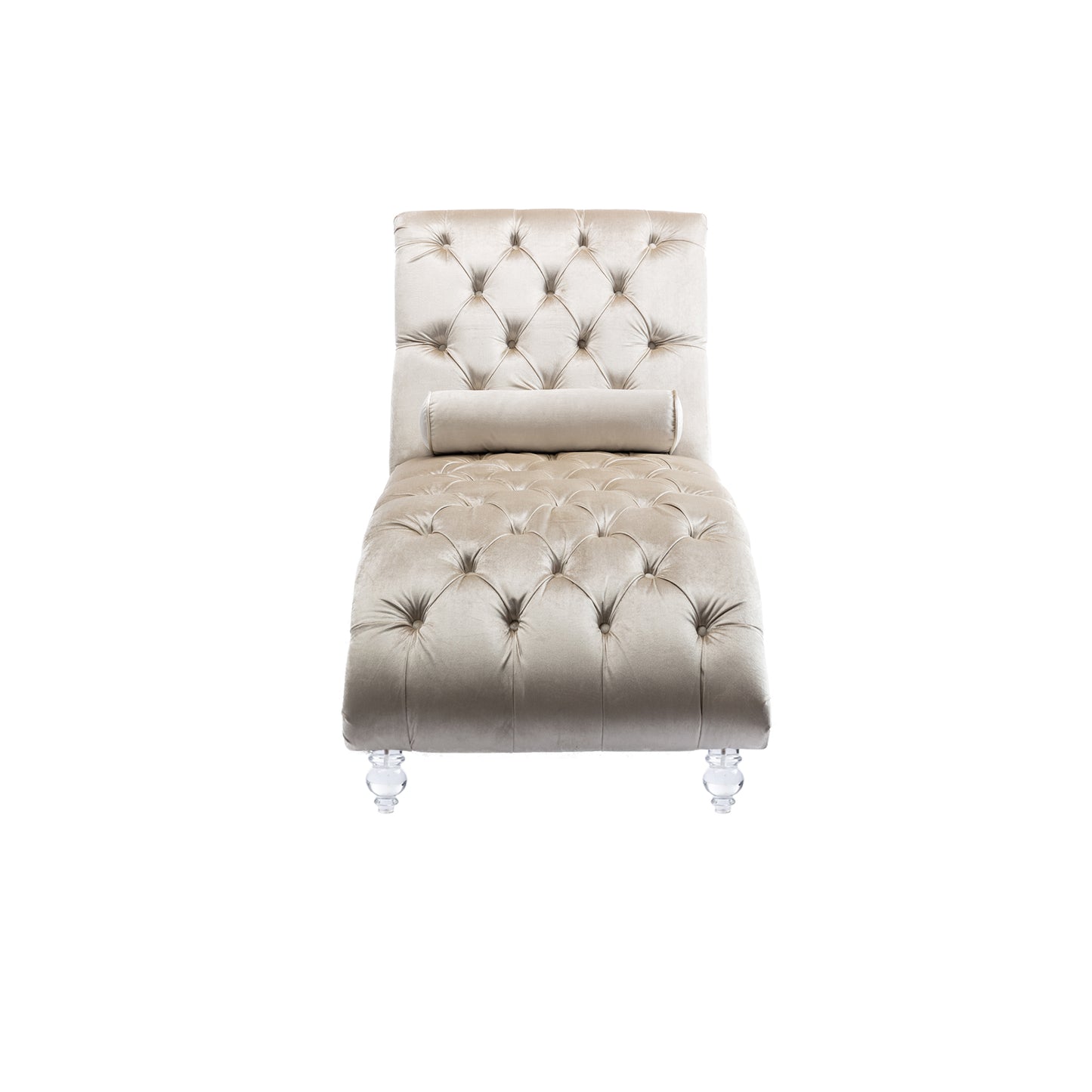 Beige Velvet Tufted Chaise Lounge with Wood Legs - detail view 7