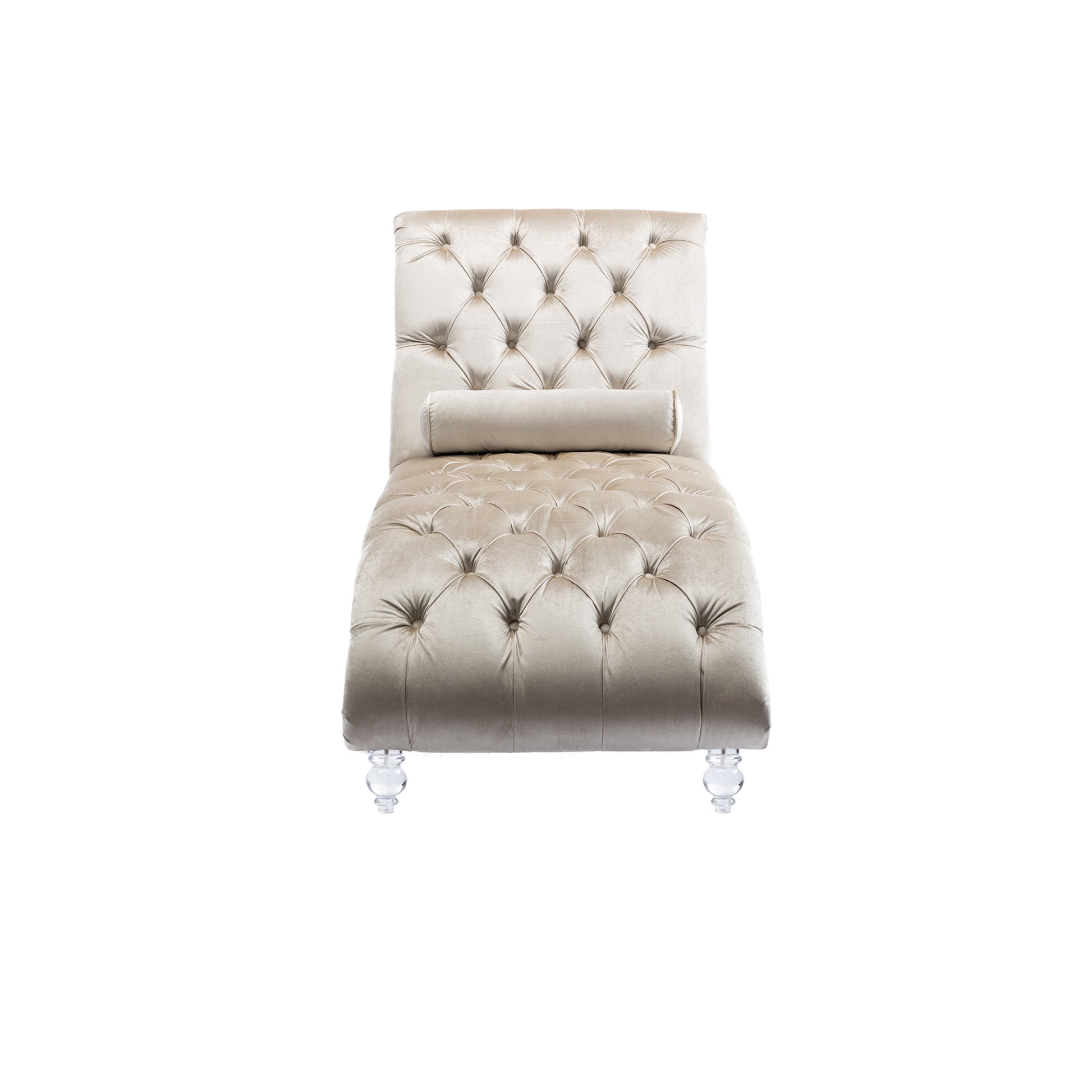 Beige Velvet Tufted Chaise Lounge with Wood Legs - detail view 7