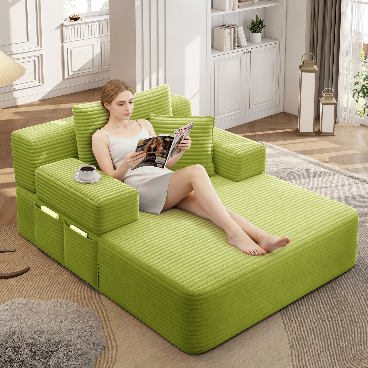 Luxurious Plush Corduroy Chaise Lounge with 3 Pillows - Green - detail view 3
